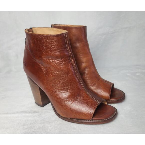 BED|STU Shoes - BED | STU Onset Leather Ankle Boots Peep Toe Stacked Heel Booties  | 7.5